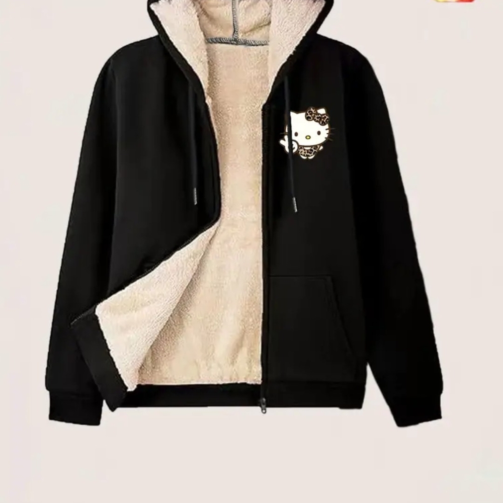 Women's Black Sherpa-Lined Hello Kitty Zip Hoodie